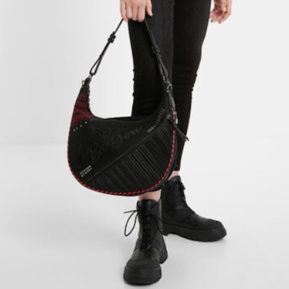 Desigual Half Moon Shoulder Bag RARE FIND WESTERN GOTH CHIC EMBOSSED WHIMSY GOTH - Picture 2 of 10